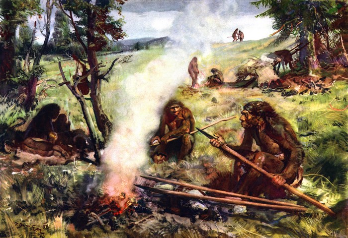 Prehistoric humans gathered around a fire with spears