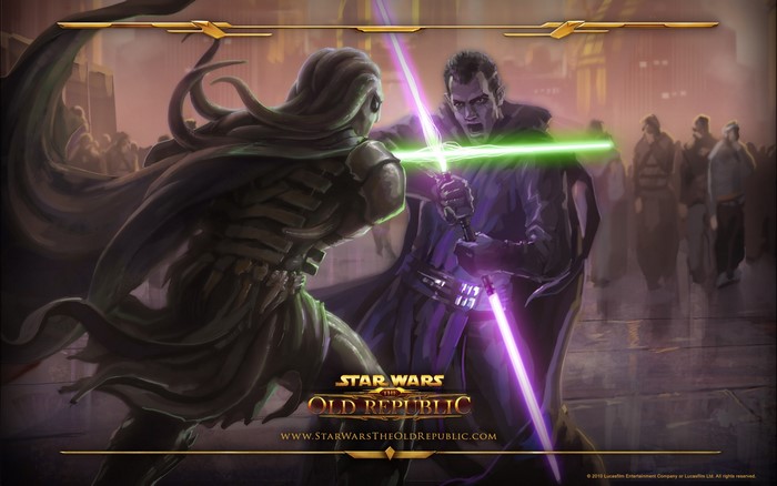 Two Jedi fighting with lightsabers in Star Wars The Old Republic