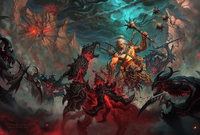 Barbarian fighting demons in Diablo III