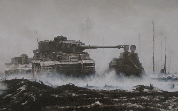 Painting of Tanks in a Misty Battlefield