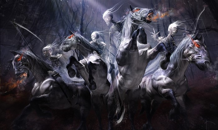 Four Horsemen of the Apocalypse on skeletal horses