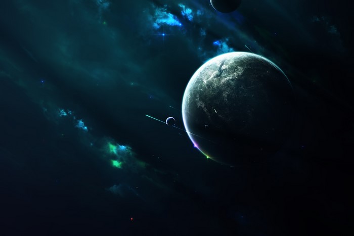 Planets in deep space with nebulae