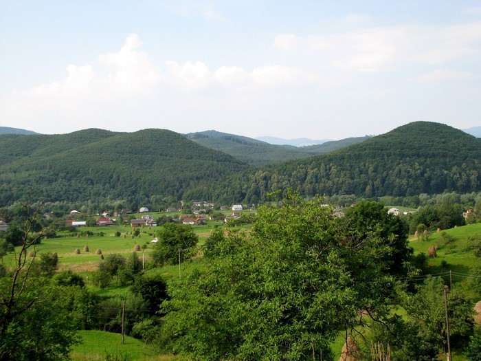 Village nestled in a valley with forested mountains