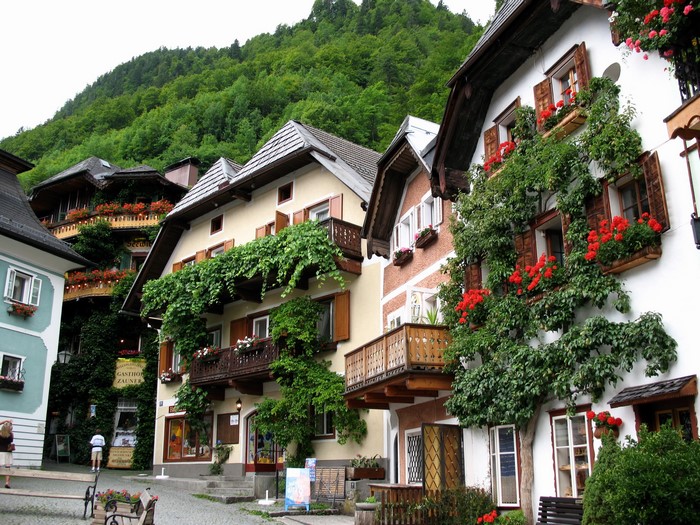 Traditional Austrian houses in Hallstatt with flowers