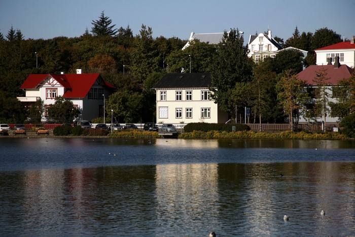 Houses by Tjörnin lake in Reykjavik, Iceland