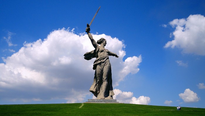The Motherland Calls Monument under a cloudy sky