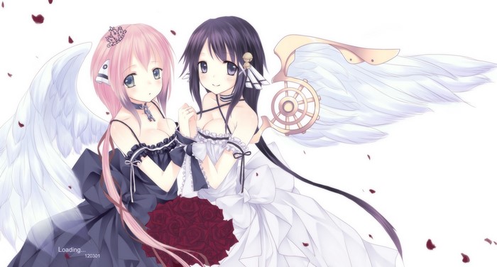 Two anime girls with wings, one with pink hair and one with black hair