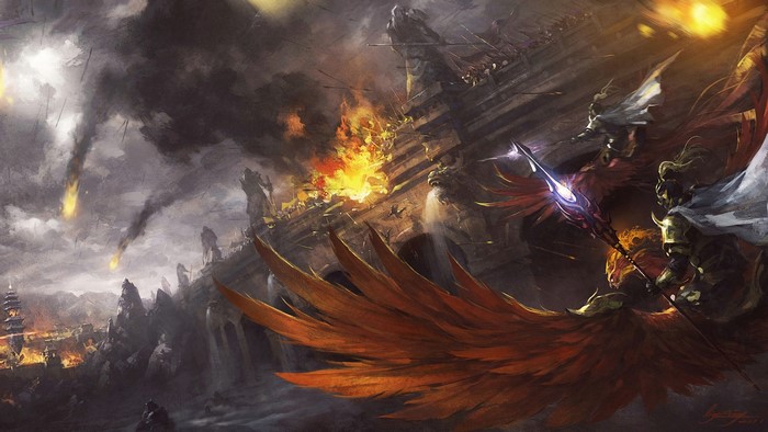 Fantasy Battle with Flying Warriors and Burning City