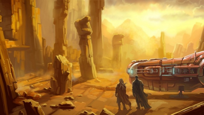 Two figures stand near a spaceship in a ruined alien landscape