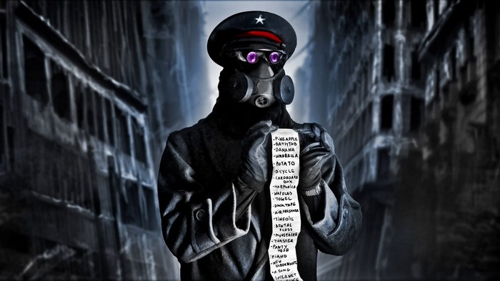 Romantically Apocalyptic character with gas mask and shopping list
