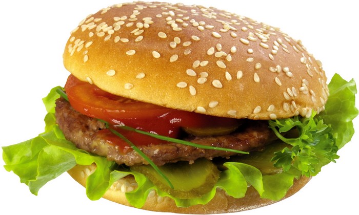 Hamburger with lettuce, tomato, and pickles