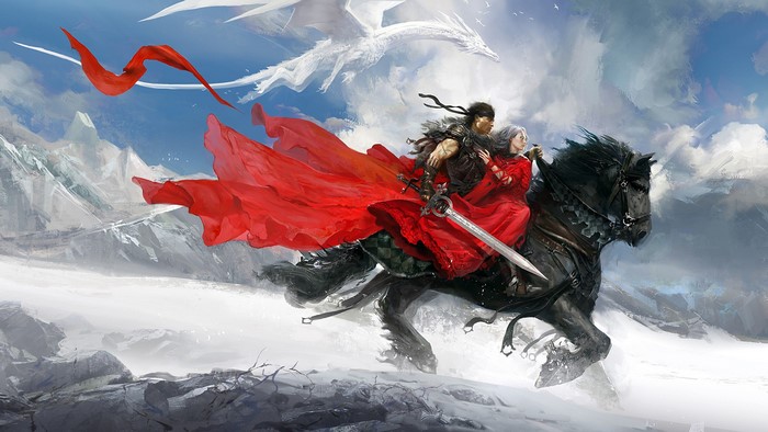 Warriors riding a black horse with red capes and white dragons