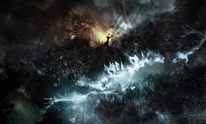 Fantasy Battle Scene with Flags and Silhouetted Figures