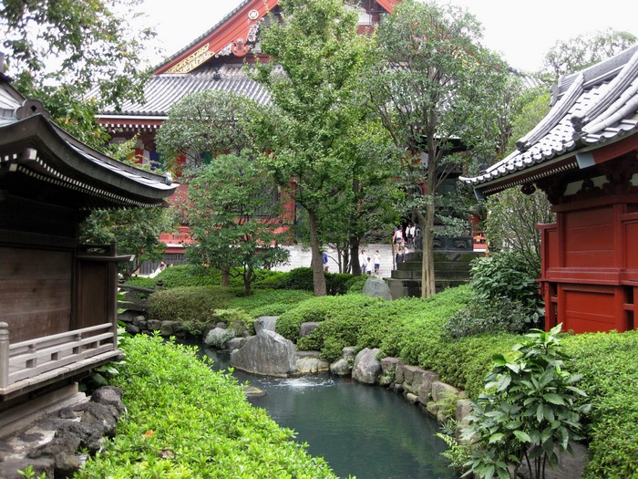 Japanese Garden with Temple Buildings in Tokyo