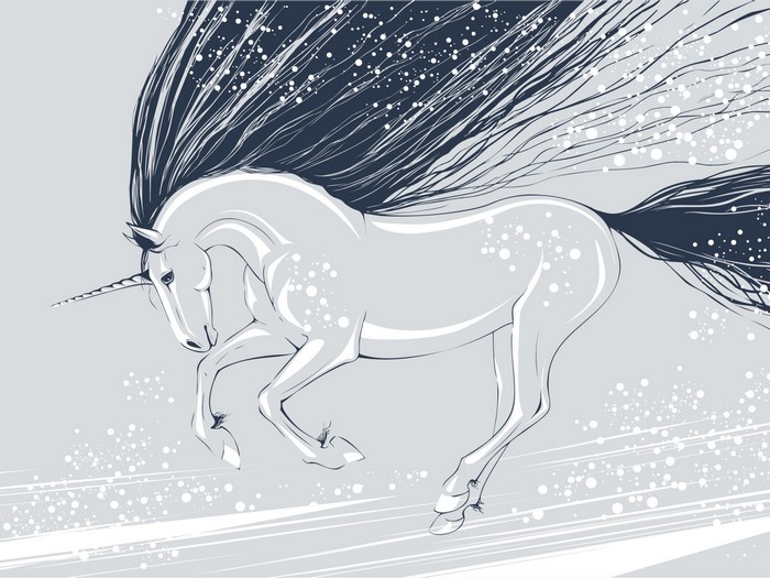 A white unicorn with a dark mane running through snow