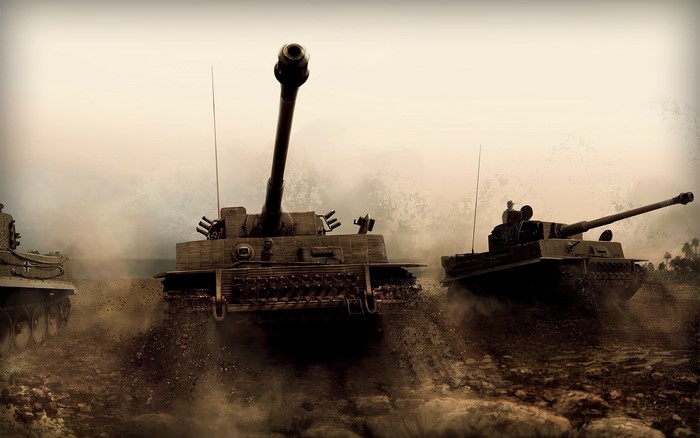 Tiger tanks in a dusty battlefield