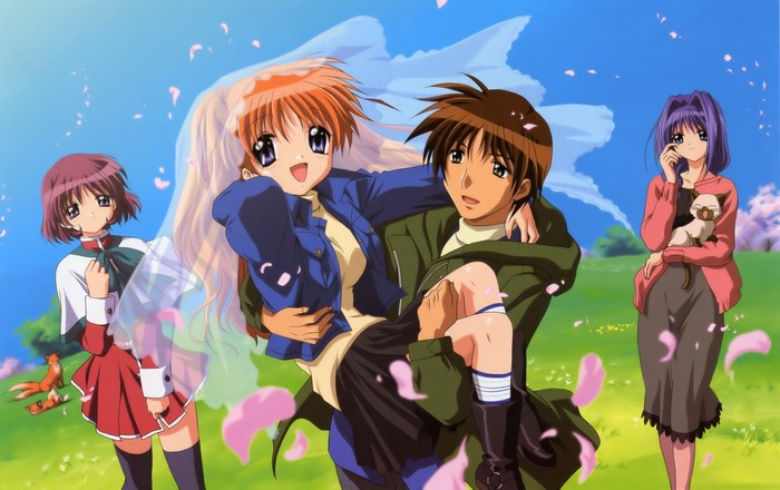 Kanon: Young man carrying a girl with two other girls and a cat