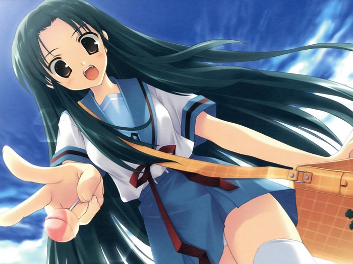 Haruhi Suzumiya offering a lollipop