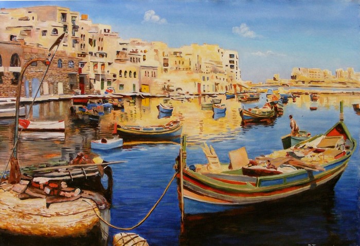 Boats in a Mediterranean harbor with buildings