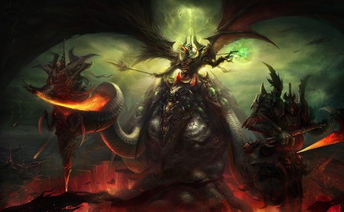 Demonic creatures in a hellish landscape