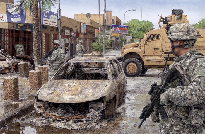 Soldiers in a war-torn street with a burnt car and military vehicle
