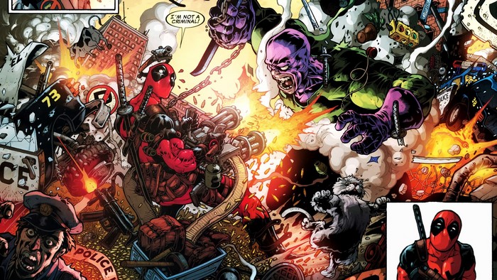 Deadpool and Rhino fighting in a chaotic city street