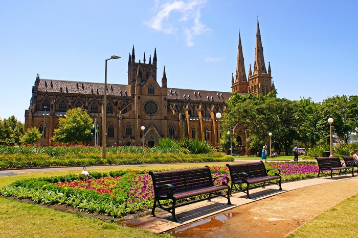 St. Mary's Cathedral and park with flower beds