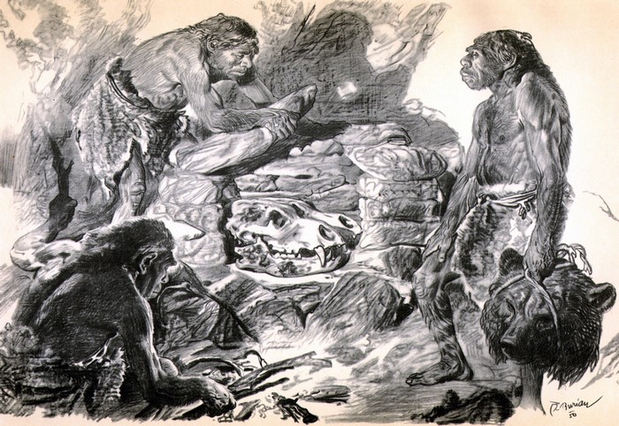 Neanderthals with bear skull and pelts