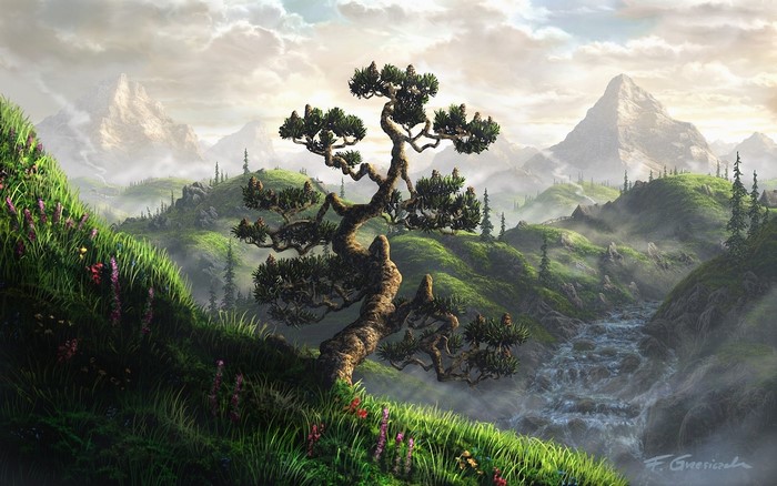 Fantasy landscape with a gnarled tree and mountains