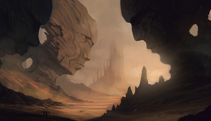 Fantastic world with giant stone faces and towers