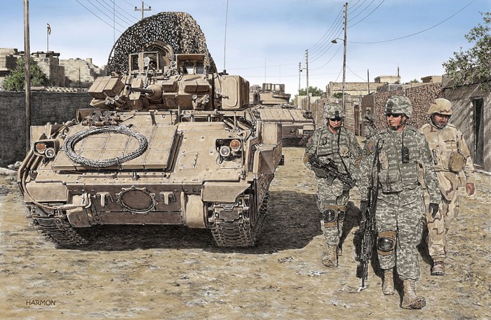 Soldiers and Bradley Fighting Vehicle in a Town