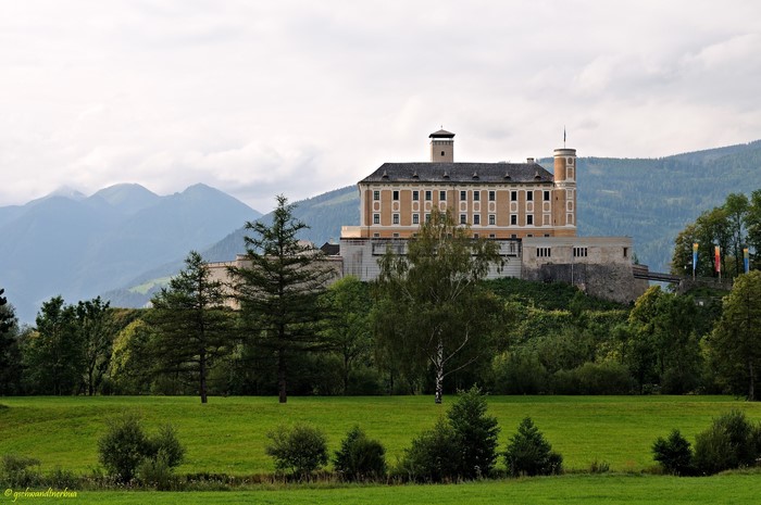 Trautenfels Castle in Austria with Mountains