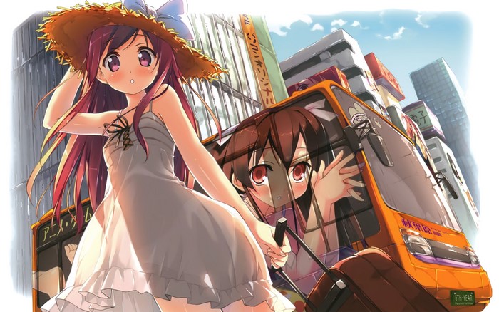 Two anime girls with a bus in a city