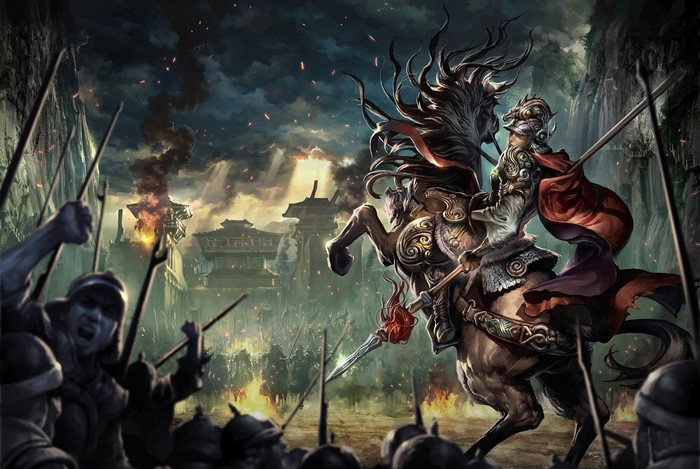 Warrior on horseback leading an army in battle