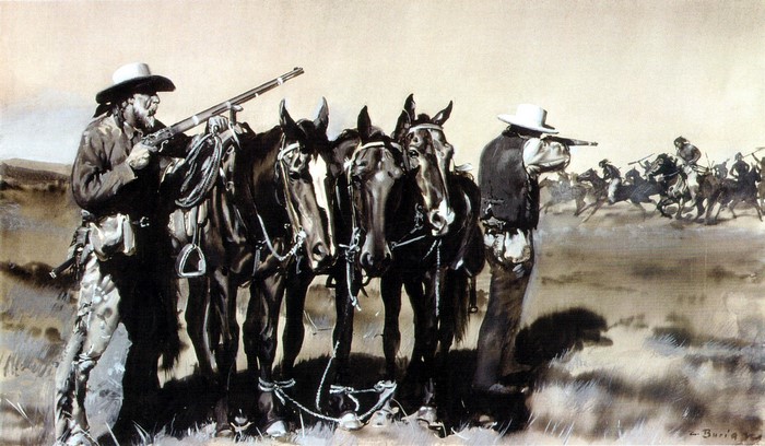 Cowboys with rifles and horses in a battle scene