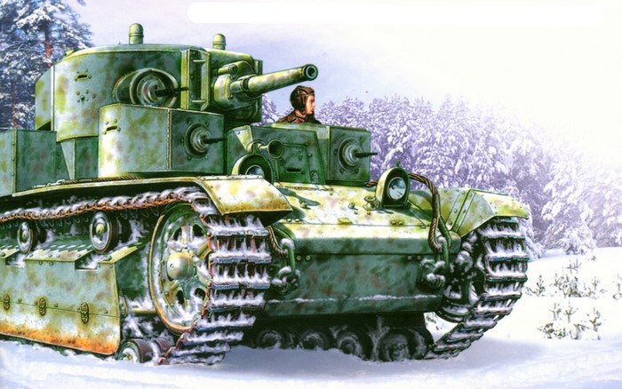 Painting of a Soviet T-28 tank in winter