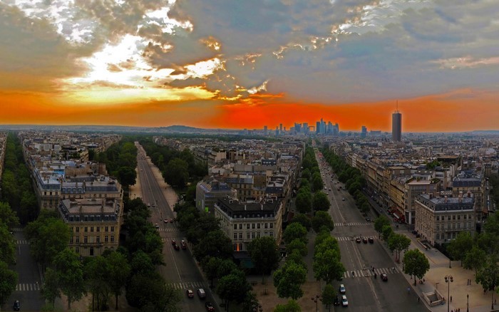 Parisian Avenue at Sunset with La Defense Skyline