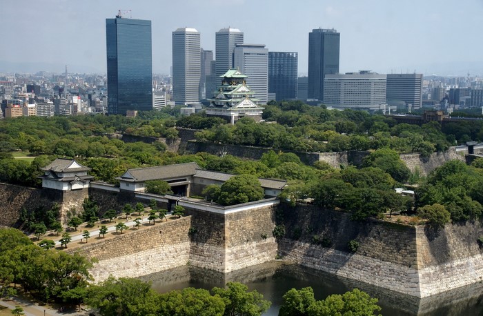 Osaka Castle surrounded by modern skyscrapers