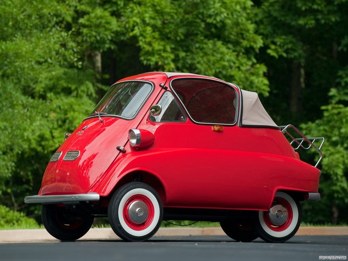 Red BMW Isetta microcar with convertible top