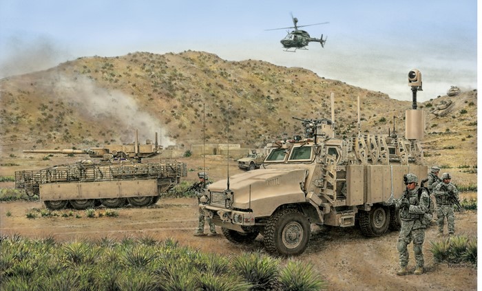 Military vehicles and soldiers in a desert landscape with helicopter