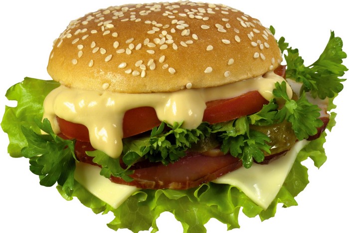 Hamburger with cheese, tomato, lettuce, and sauce