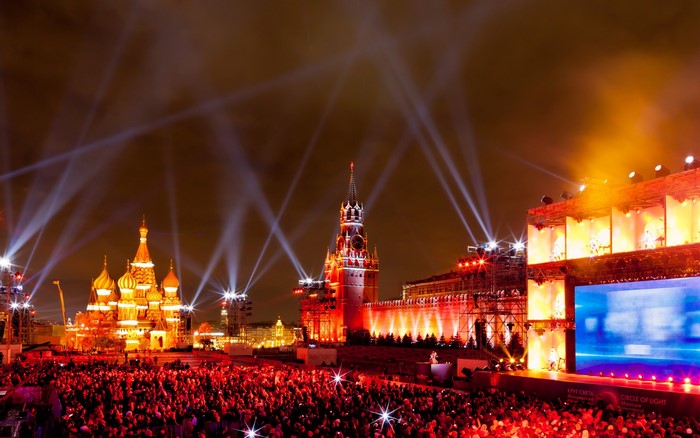 Night festival with St. Basil's Cathedral and Spasskaya Tower in Moscow