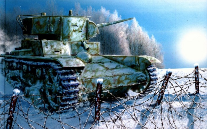 Painting of a Soviet KV-2 tank in a snowy landscape