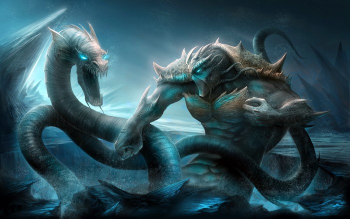 Sea Serpent and Kraken Battle