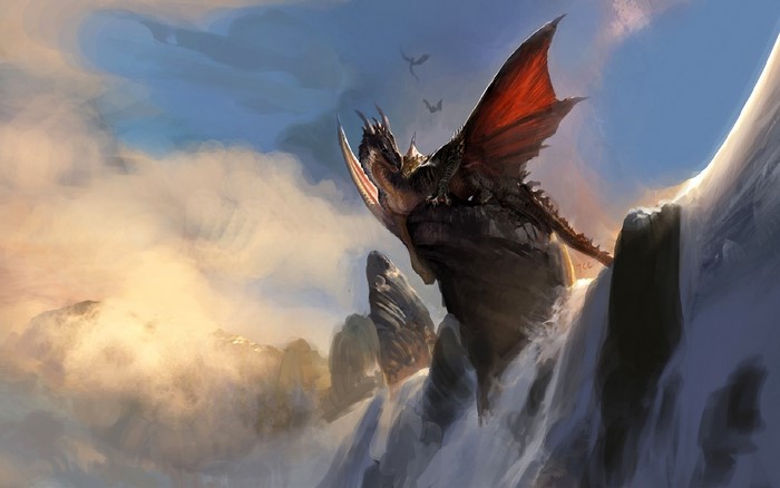 Dragons perched on snowy mountain peaks
