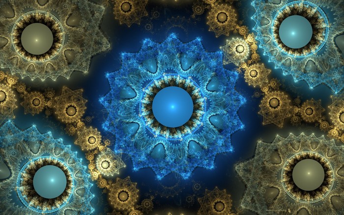 Abstract fractal art with blue and gold gears