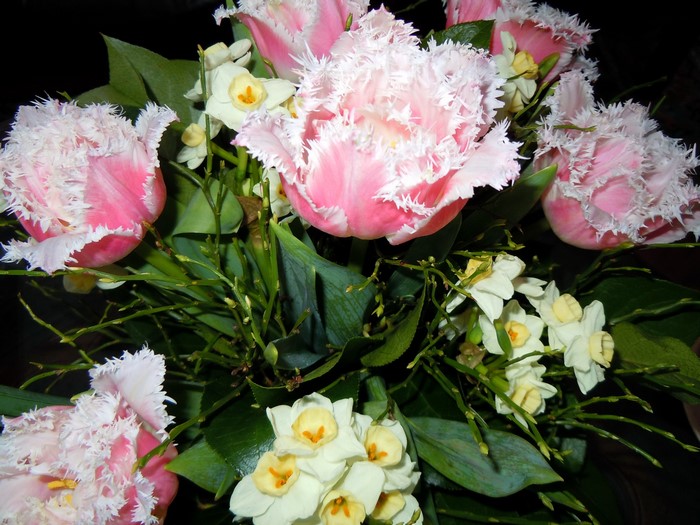 Bouquet of pink fringed tulips and daffodils