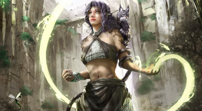 Woman with cat and magic in forest