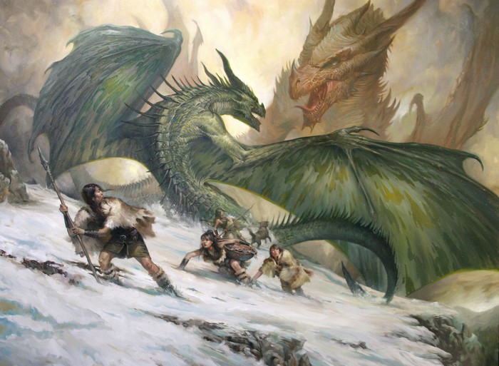 Two dragons confront humans in a snowy landscape