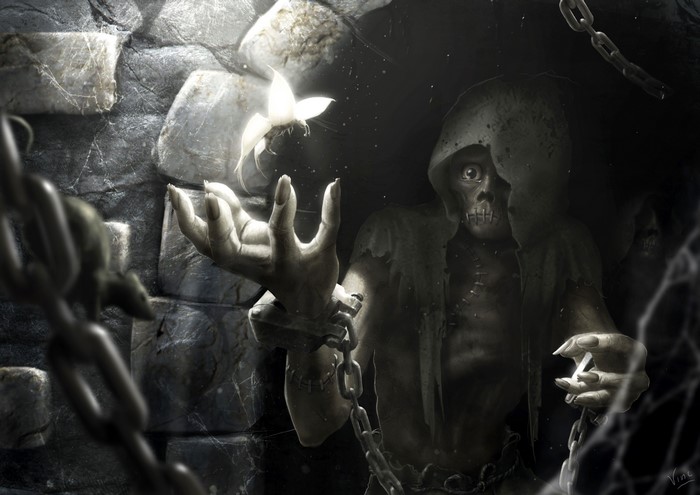 A skeletal creature with chains and a glowing flower